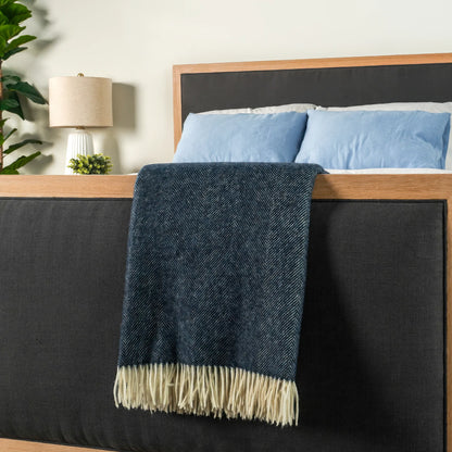 Navy Herringbone Wool Throw - Wide Width