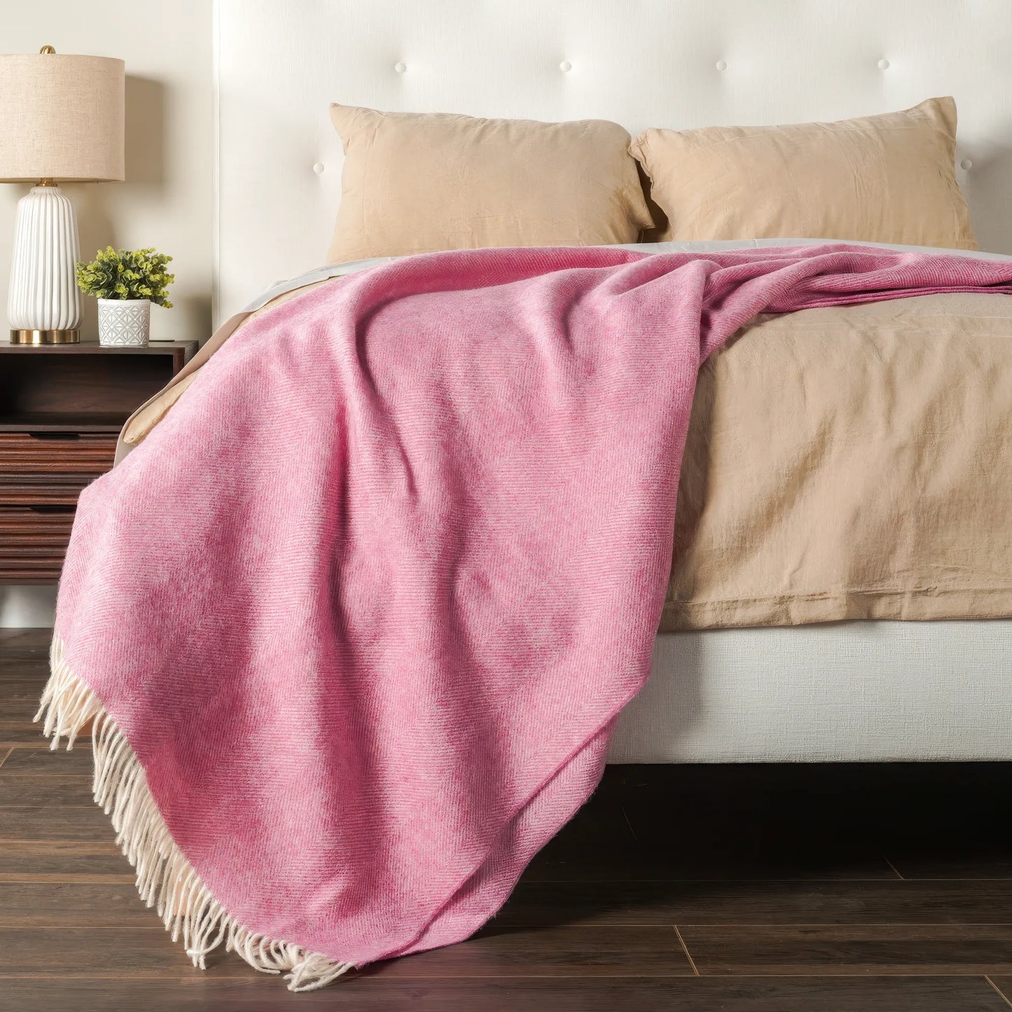 Pale Pink Herringbone Wool Throw - Wide Width