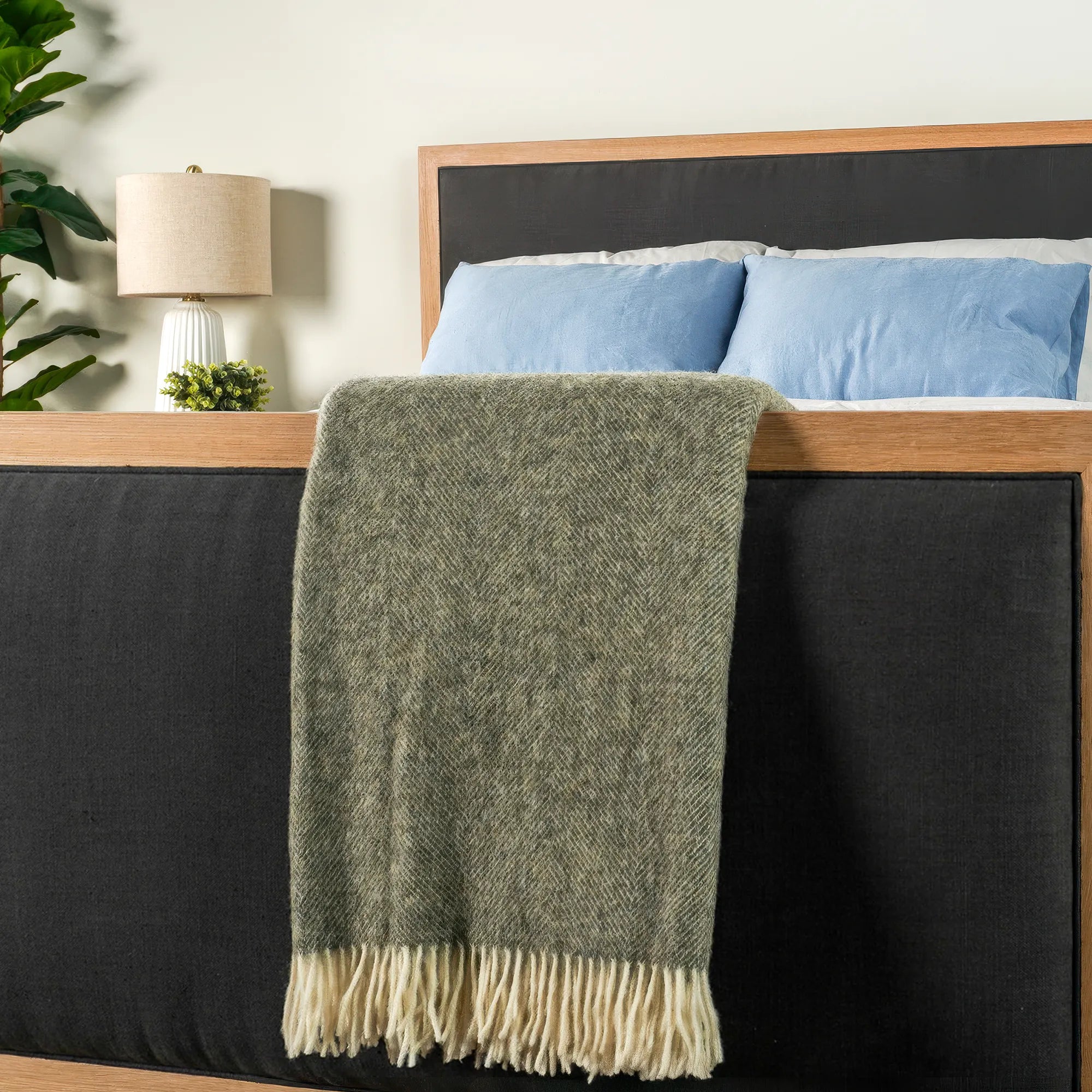 Vintage Grey Herringbone Wool Throw - Wide Width