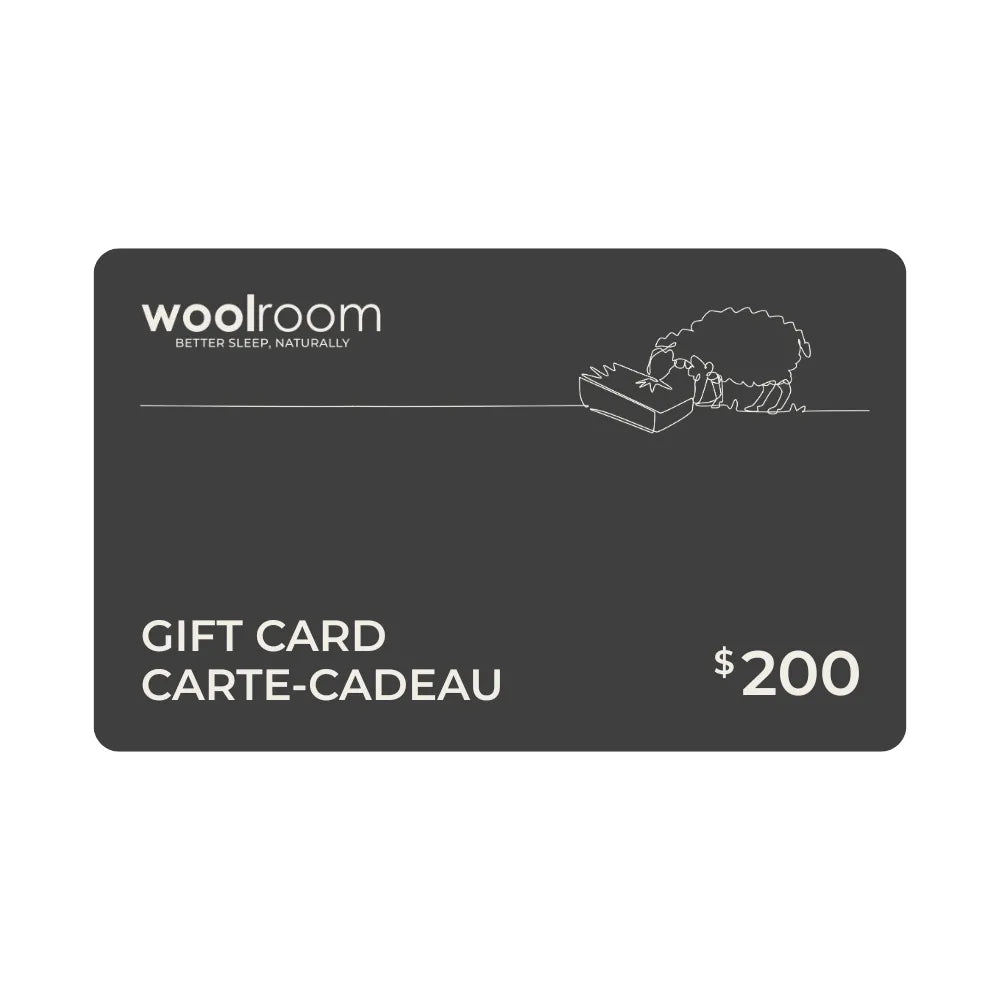 A dark gray $200 Woolroom gift card with white text and a small line drawing of a sheep on a box, shown on a plain white background.