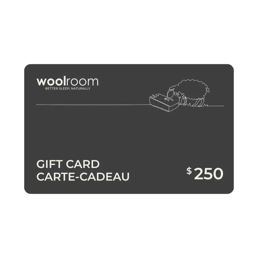 A dark gray Woolroom gift card with white text reading 'GIFT CARD CARTE-CADEAU', '$300', and the Woolroom logo, shown on a plain white background.