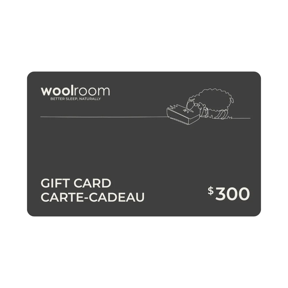 A dark gray Woolroom gift card with white text reading 'GIFT CARD CARTE-CADEAU', '$300', and the Woolroom logo, shown on a plain white background.