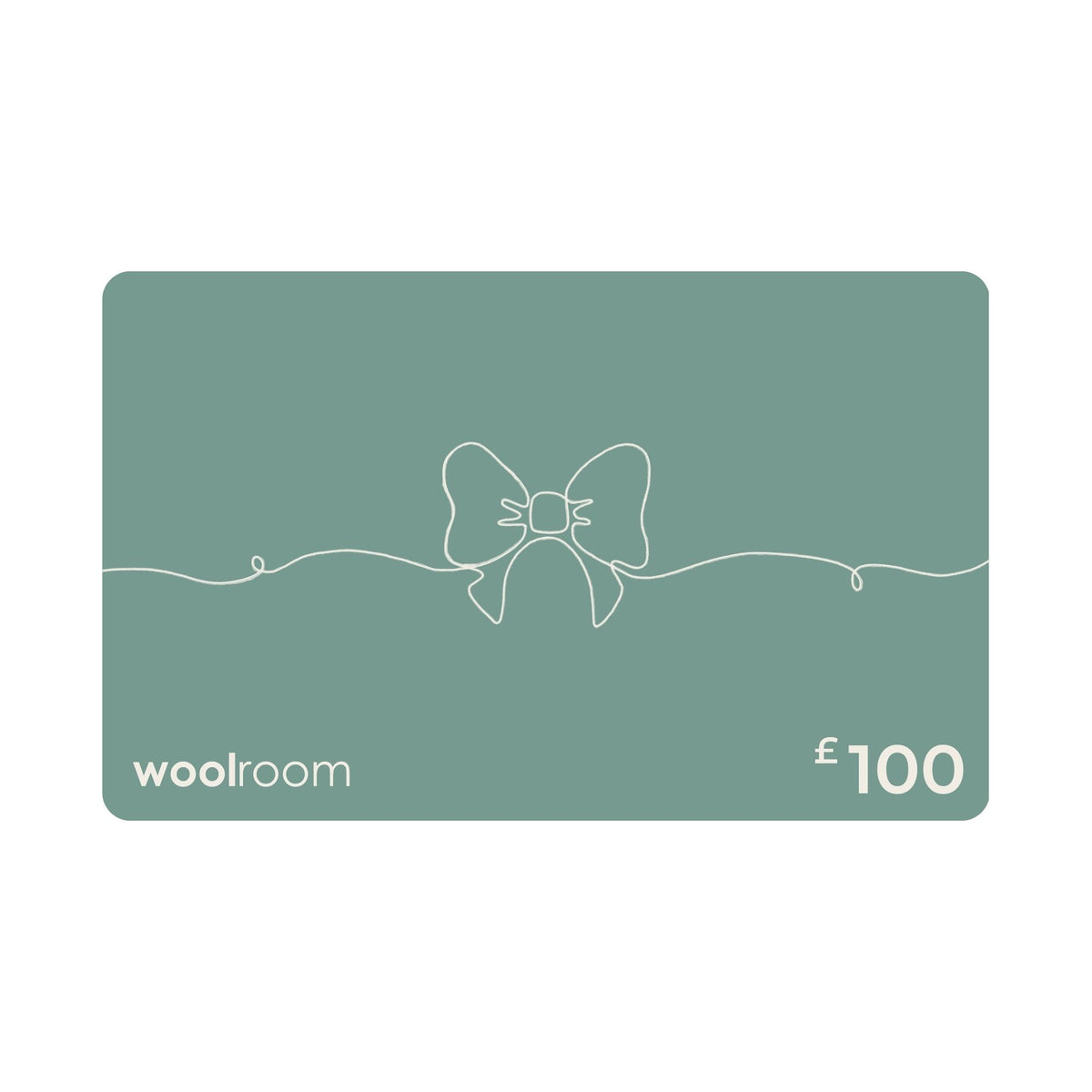A £100 Woolroom gift card in a muted sage green color, featuring a minimalist white line art bow design in the center, with the 'woolroom' brand name on the bottom left and '£100' on the bottom right.