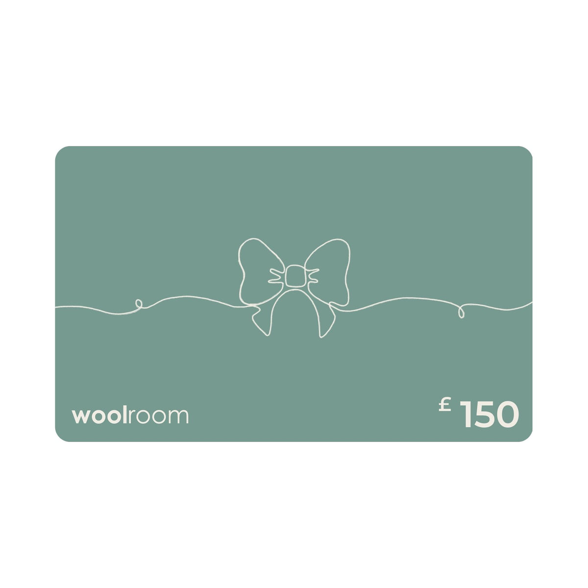 A £150 Woolroom gift card in a muted sage green color, featuring a minimalist white line art bow design in the center, with the 'woolroom' brand name on the bottom left and '£150' on the bottom right.