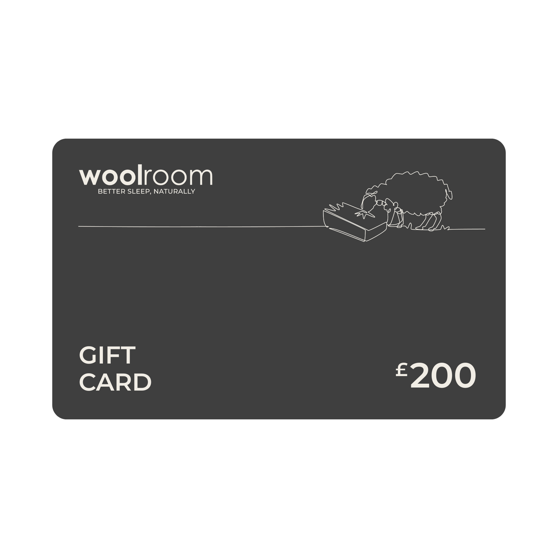 A dark gray Woolroom gift card with white text reading 'woolroom', 'GIFT CARD', and '£200', plus a small line drawing of a sheep on a box near the upper right, shown on a plain white background.