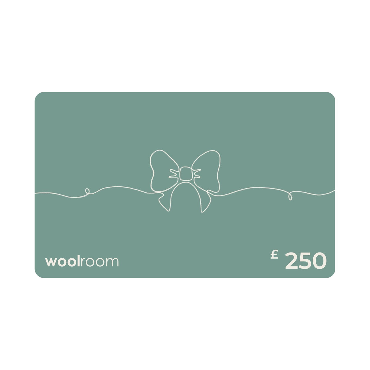 A £250 Woolroom gift card in a muted sage green color, featuring a minimalist white line art bow design in the center, with the 'woolroom' brand name on the bottom left and '£250' on the bottom right.