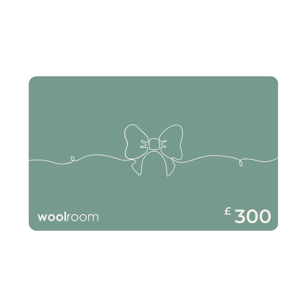 A £100 Woolroom gift card in a muted sage green color, featuring a minimalist white line art bow design in the center, with the 'woolroom' brand name on the bottom left and '£100' on the bottom right.