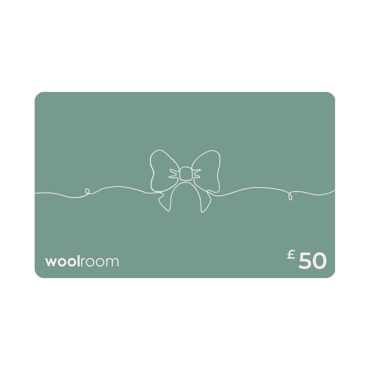 A £50 GBP gift card from Woolroom with a muted sage green background, featuring a minimalist white line art bow in the center, the 'woolroom' brand name in the bottom left, and '£50' in the bottom right.