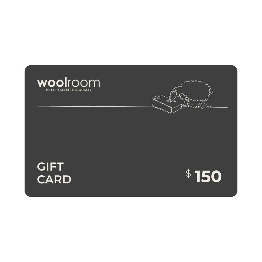 A dark gray woolroom gift card with white text and a small line drawing of a sheep on a box, labeled GIFT CARD and £150, shown on a plain white background.