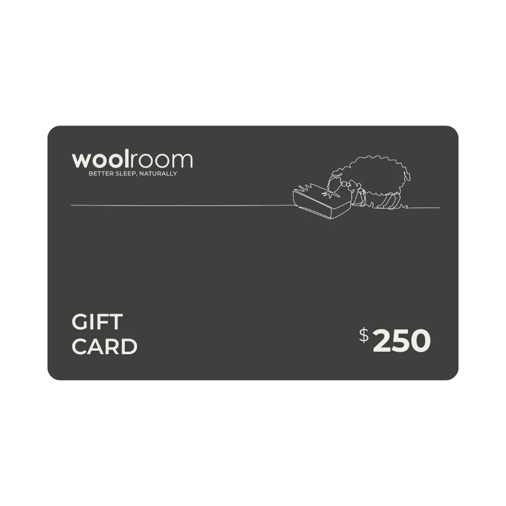 A dark gray Woolroom gift card with white text reading 'woolroom' and 'GIFT CARD', a small line drawing of a sheep at the top right, and '$250' in the lower right corner, shown on a plain white background.