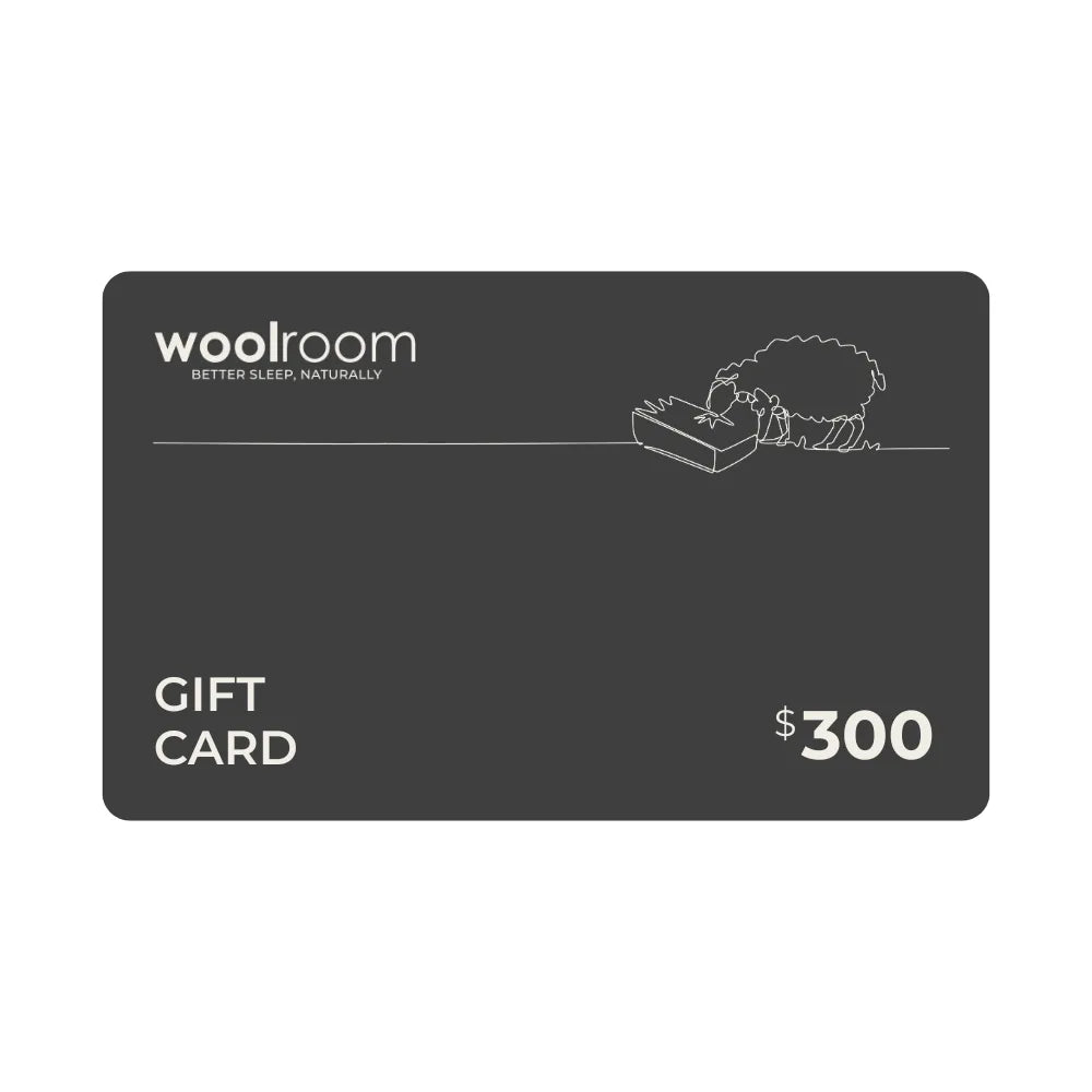 A dark gray Woolroom gift card with white text reading 'woolroom' and 'GIFT CARD', a small line drawing of a sheep at the top right, and '$250' in the lower right corner, shown on a plain white background.