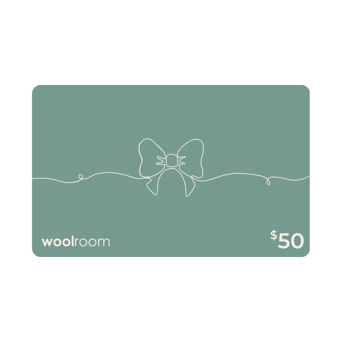 A $50 Woolroom gift card with a muted sage green background, featuring a minimalist white line art bow in the center, the 'woolroom' brand name in the bottom-left, and '$50' in the bottom-right.