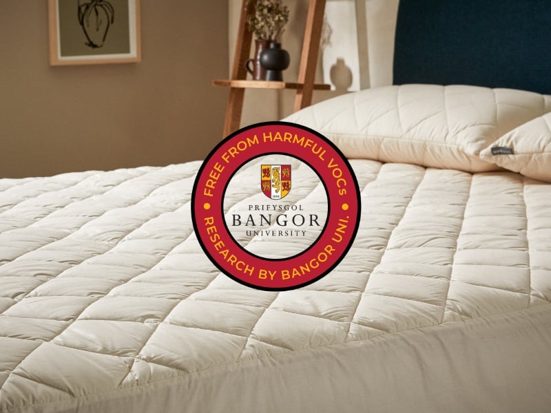 Beige quilted mattress cover with Bangor University logo on a bed in a room.