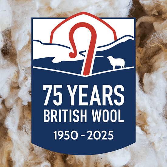 A commemorative British Wool 75 Years 1950-2025 logo badge centered over a textured background of white and beige wool fibers. The badge features a red wool staple symbol, a white sheep silhouette, and blue hills, with white text reading '75 YEARS BRITISH WOOL 1950 - 2025'.