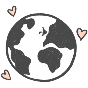 Black and white illustration of a world map with pink hearts on a white background