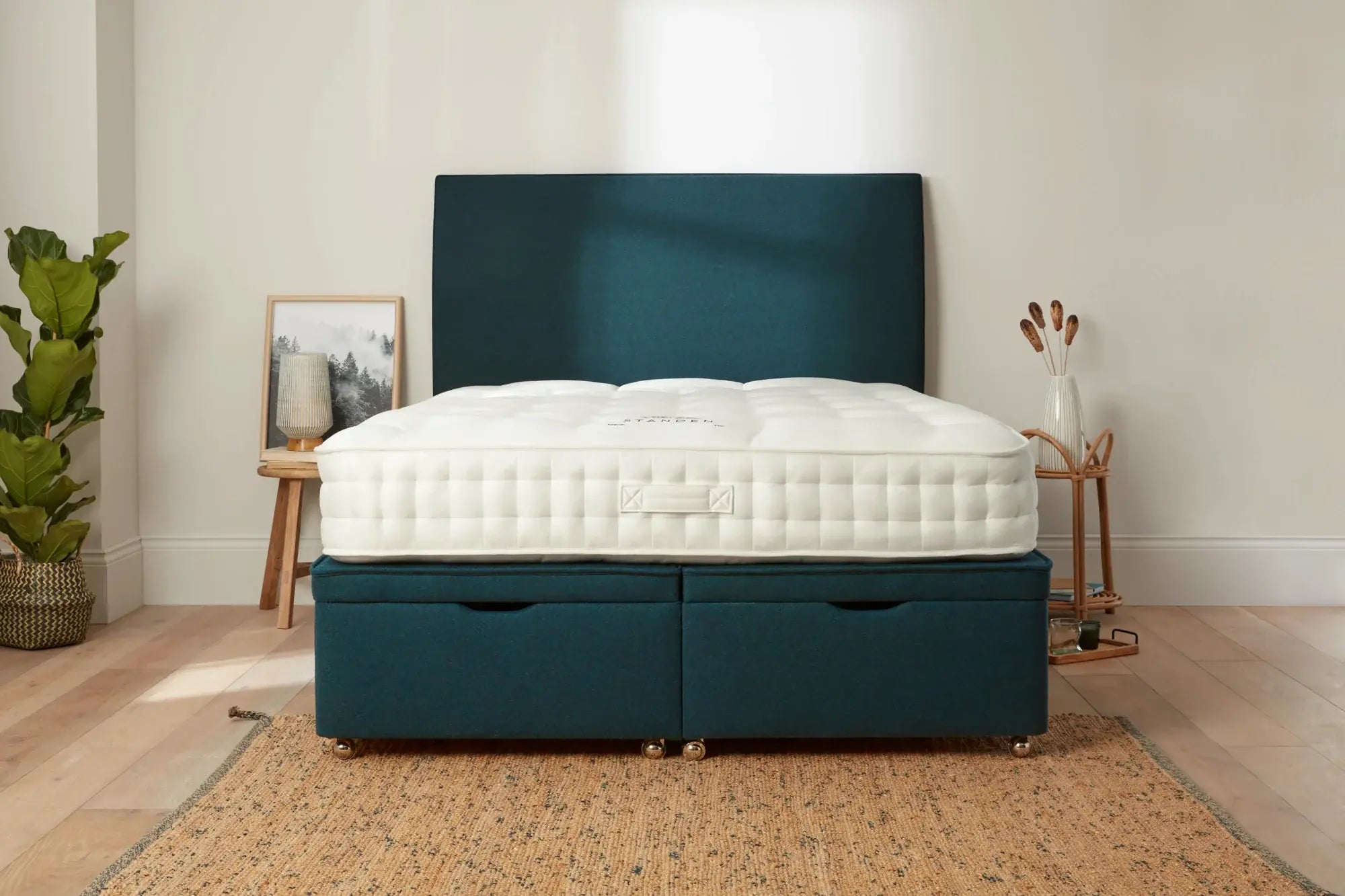 Standen mattress on teal divan bed with drawers in bedroom