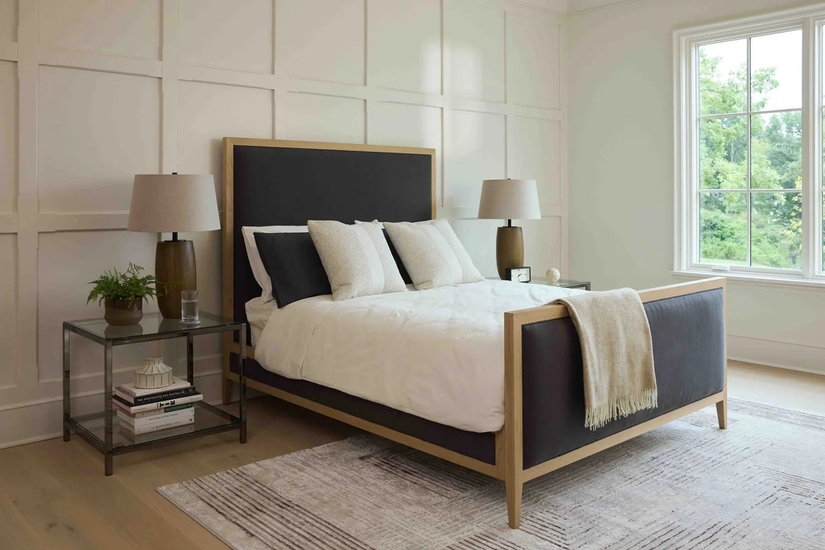 Victoria bed frame with white oak trim and charcoal upholstered headboard