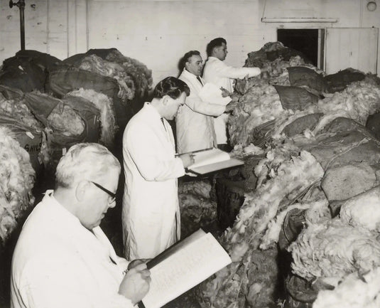 Black-and-white archival photo of men in white coats inspecting large packed wool bales in a warehouse.