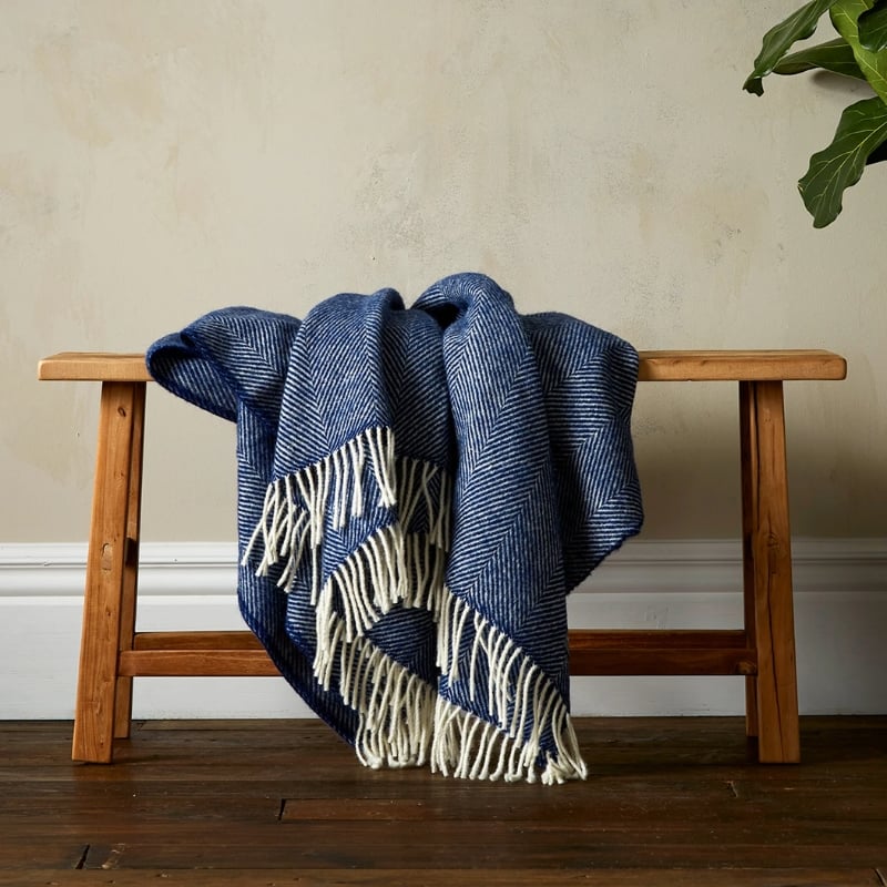 Greta Herringbone Wool Blanket - Navy