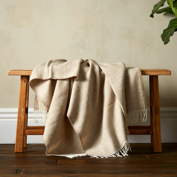 Greta Herringbone Wool Blanket - Beige