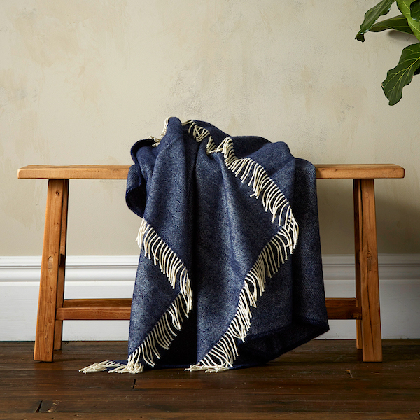Greta Herringbone Wool Blanket - Navy